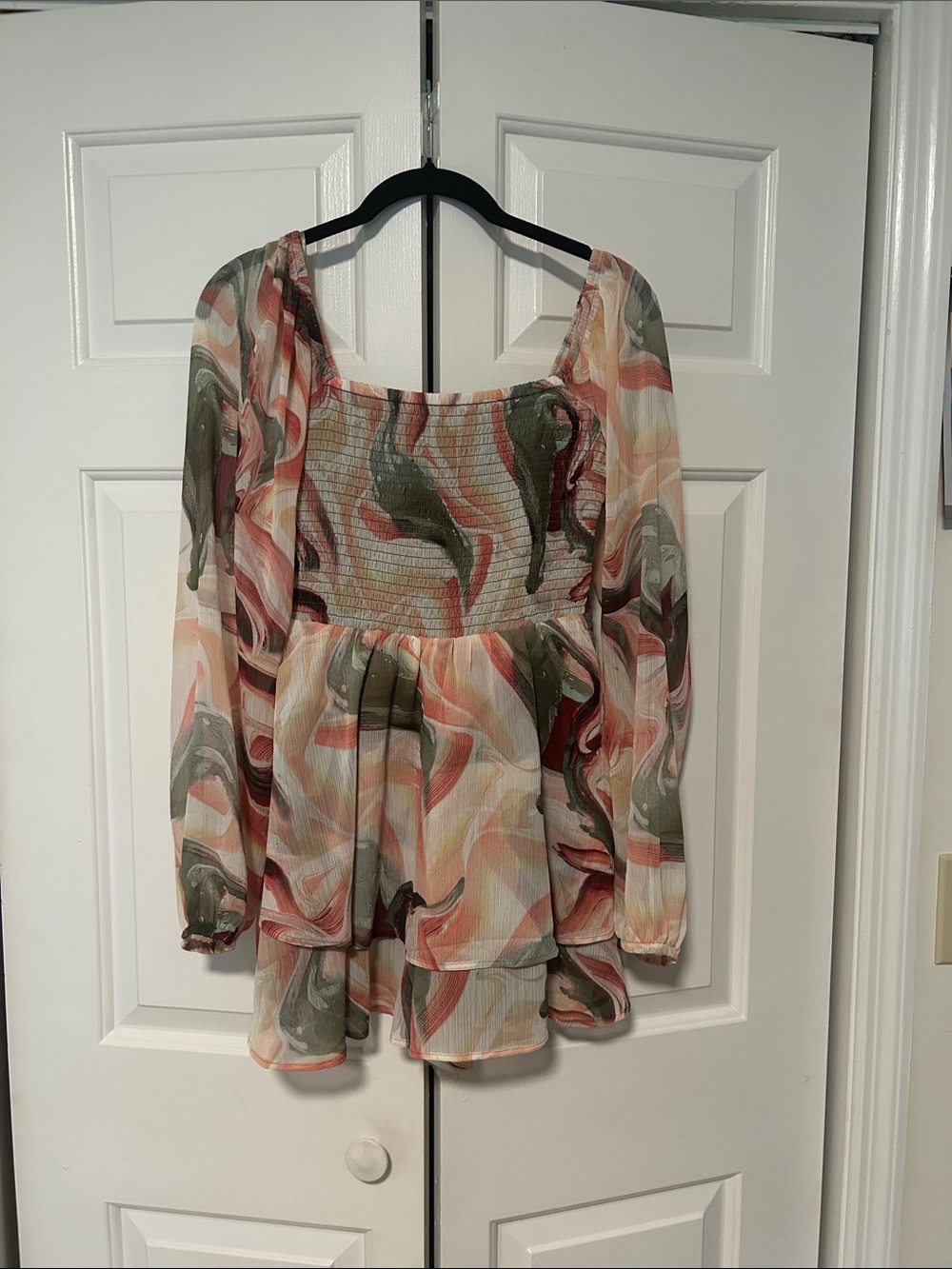 Express Smocked Peplum Tunic in Green, Pink & Cream Swirl